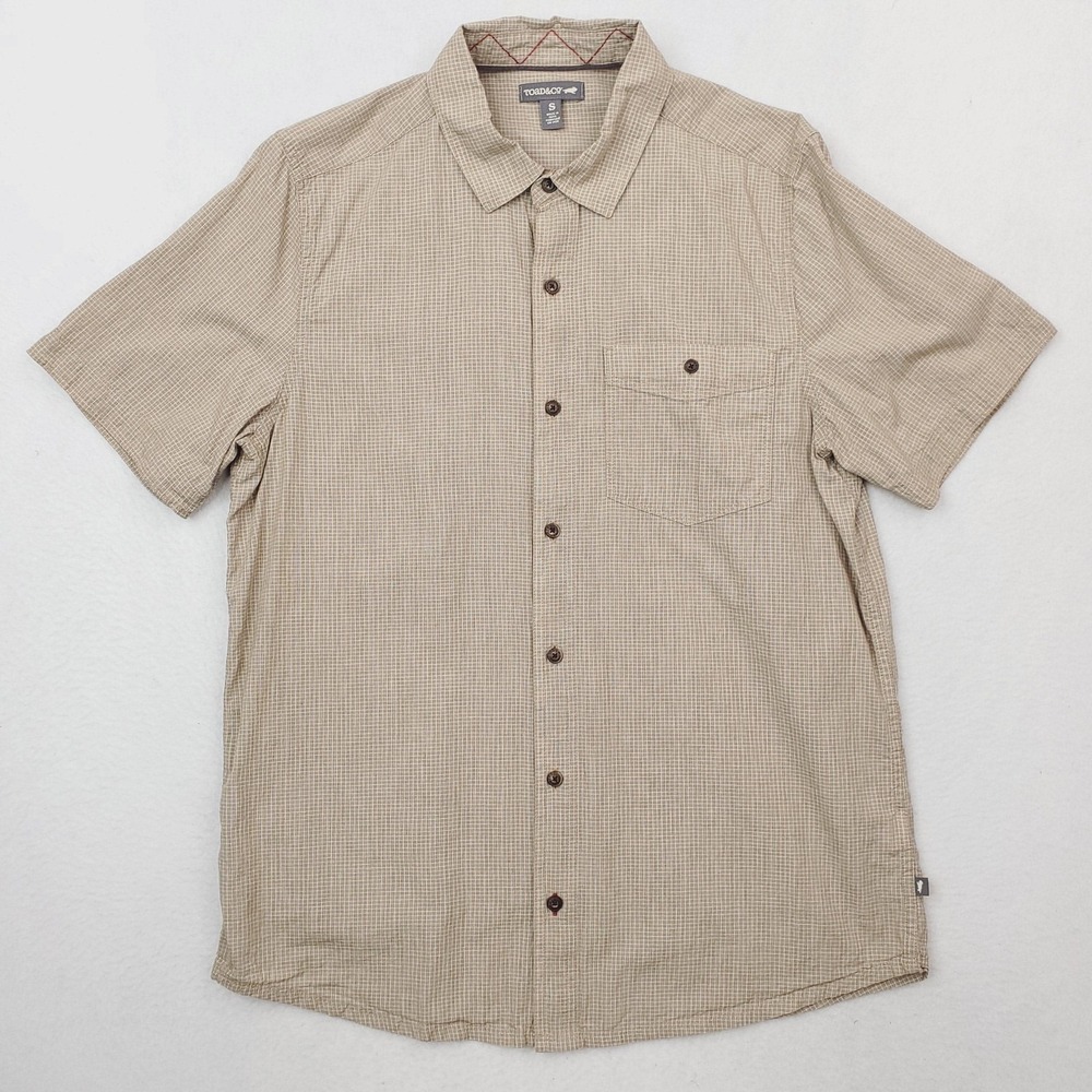 Toad&Co Shirt Mens Small Beige Check Airbrush Levee Organic Cotton Short‎ Sleeve